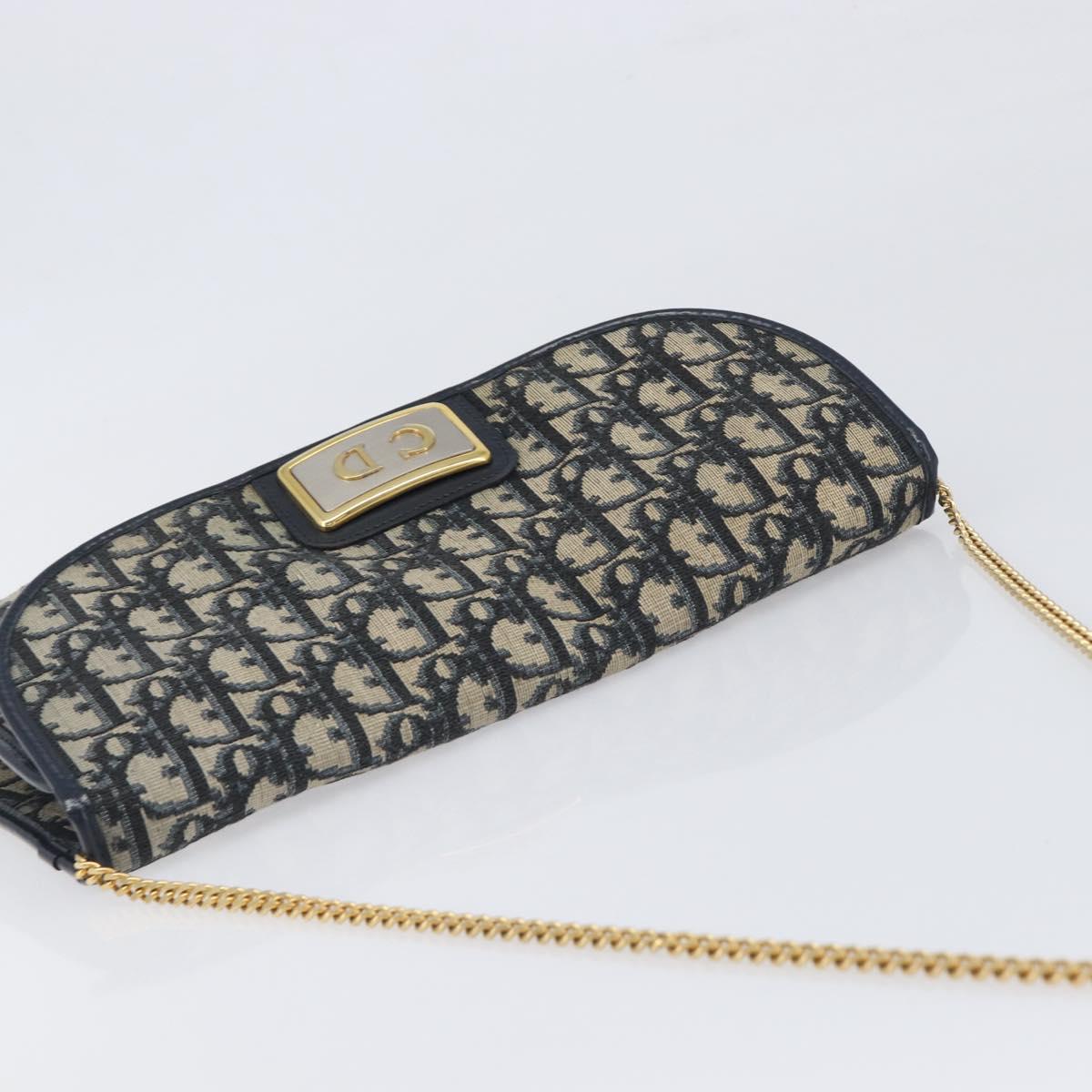 Christian Dior Trotter Canvas Chain Shoulder Bag Navy Gold Auth 197779