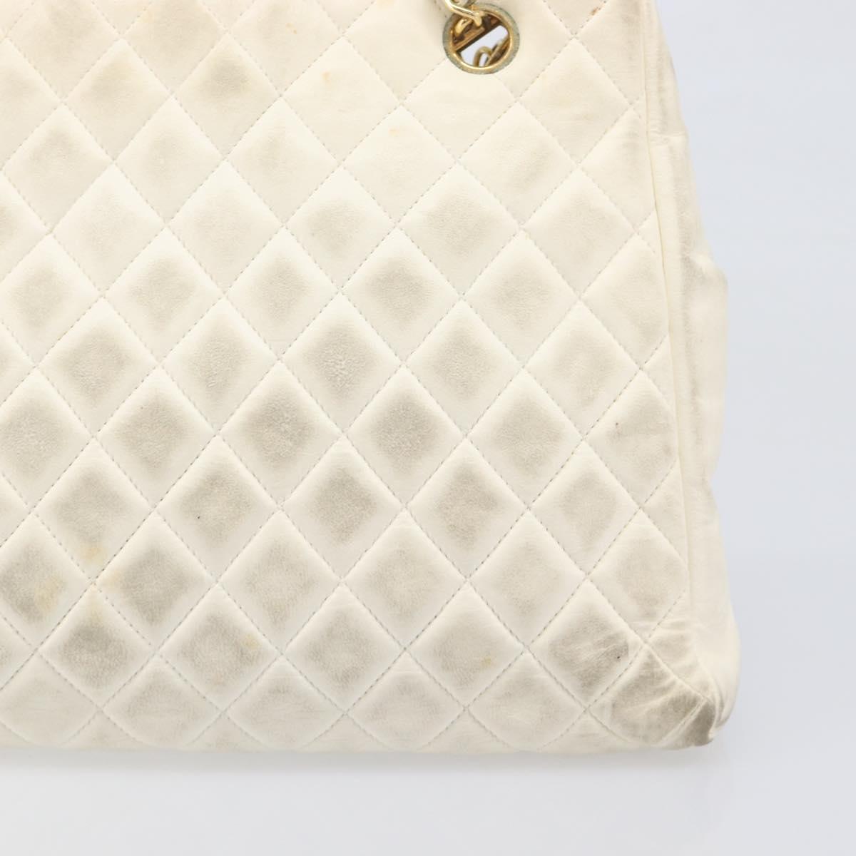 CHANEL Matelasse Chain Shoulder Bag Lamb Skin White Gold CC Auth 197780