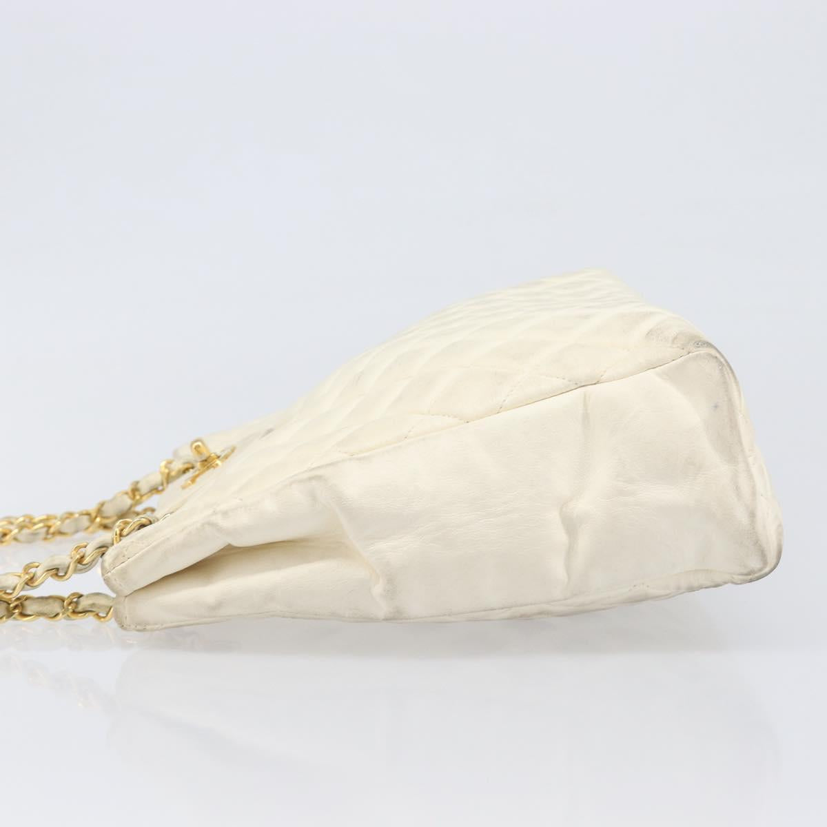 CHANEL Matelasse Chain Shoulder Bag Lamb Skin White Gold CC Auth 197780