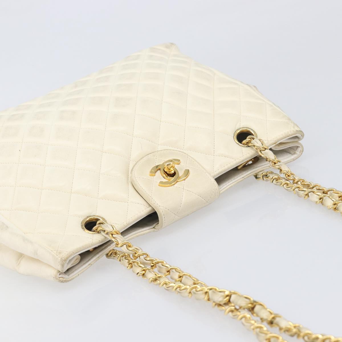 CHANEL Matelasse Chain Shoulder Bag Lamb Skin White Gold CC Auth 197780