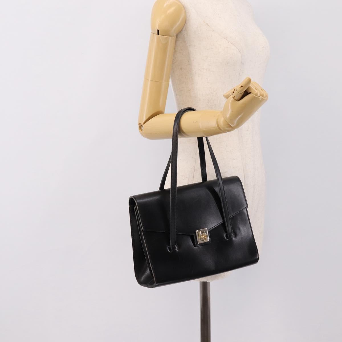 Christian Dior Hand Bag Leather Black Gold Auth 197791