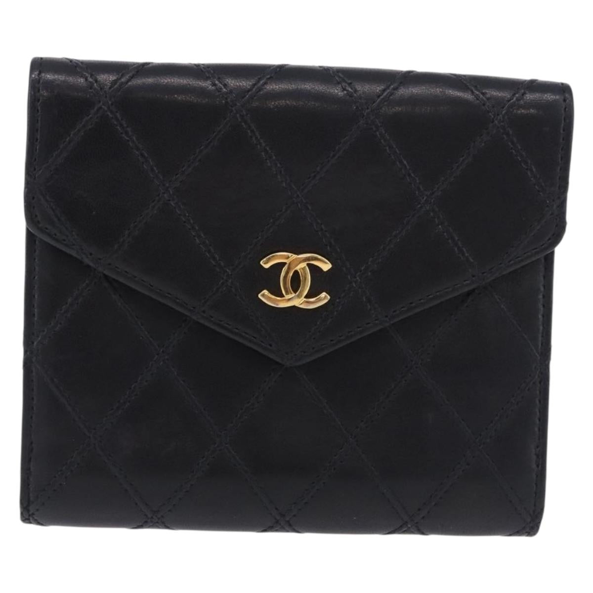 CHANEL Bicolore Bifold Wallet Lamb Skin Black Gold CC Auth 197854V