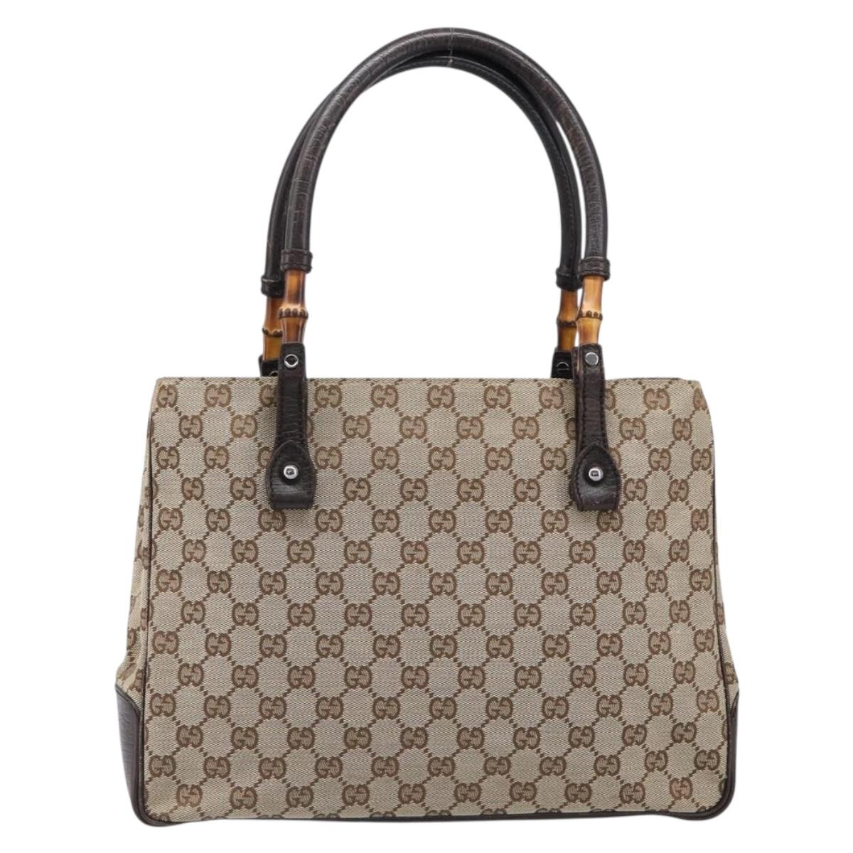GUCCI GG Canvas Bamboo Hand Bag Beige Silver 112526 Auth 197855V