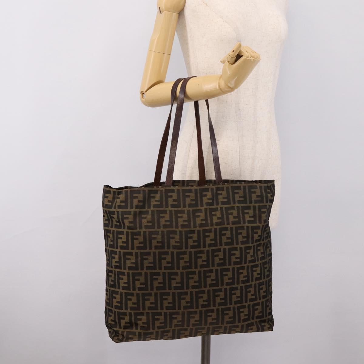 FENDI Zucca Canvas Tote Bag Nylon Brown Black Auth 197859A