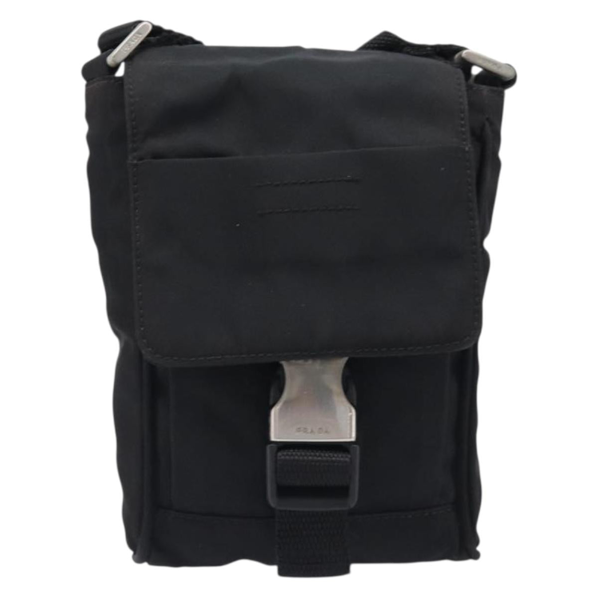PRADA Shoulder Pouch Nylon Black Silver Auth 197869