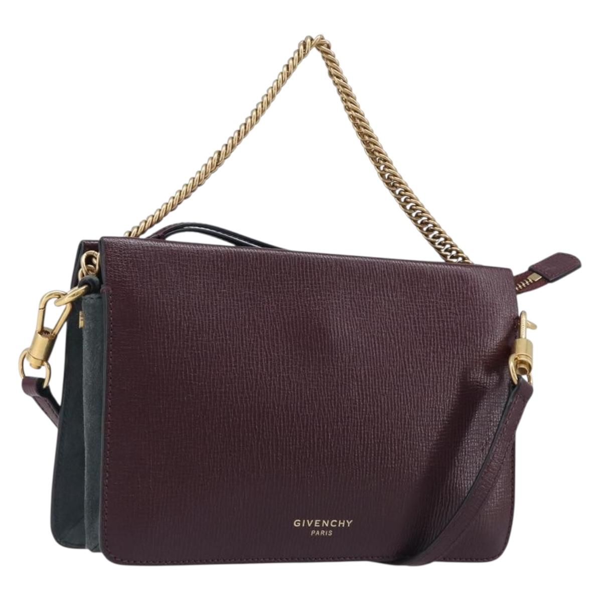 GIVENCHY Chain Shoulder Bag Leather 2way Wine Red Gold Auth 197889A