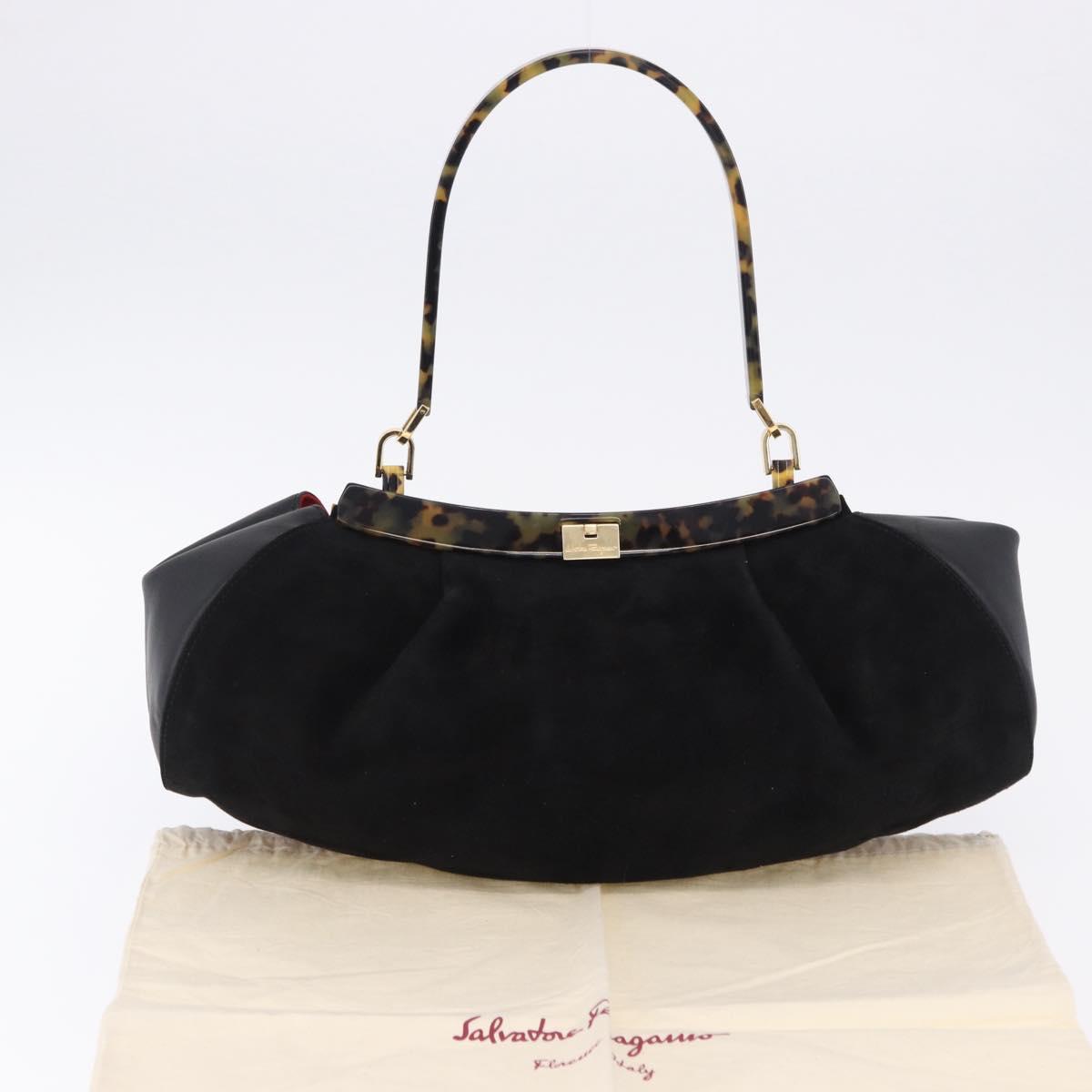 Salvatore Ferragamo Hand Bag Suede Black Gold Auth 197890V