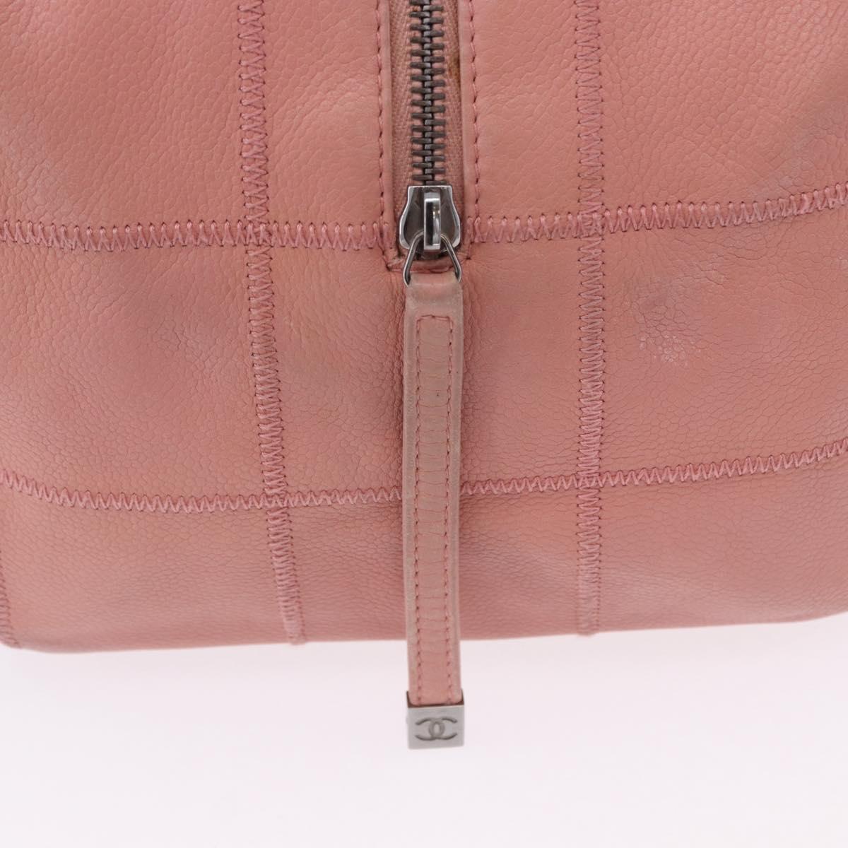 CHANEL Choco Bar Line Mini Boston Bag Leather Pink Silver CC Auth 197897A
