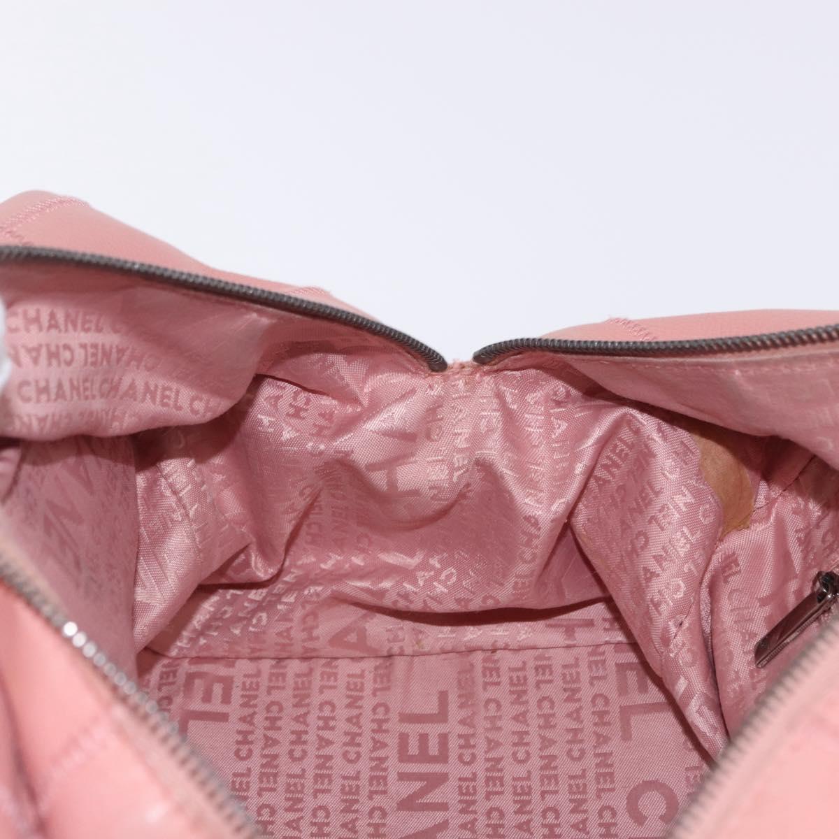 CHANEL Choco Bar Line Mini Boston Bag Leather Pink Silver CC Auth 197897A