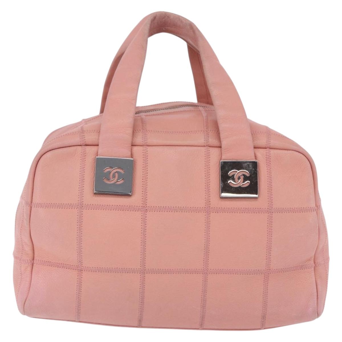 CHANEL Choco Bar Line Mini Boston Bag Leather Pink Silver CC Auth 197897A