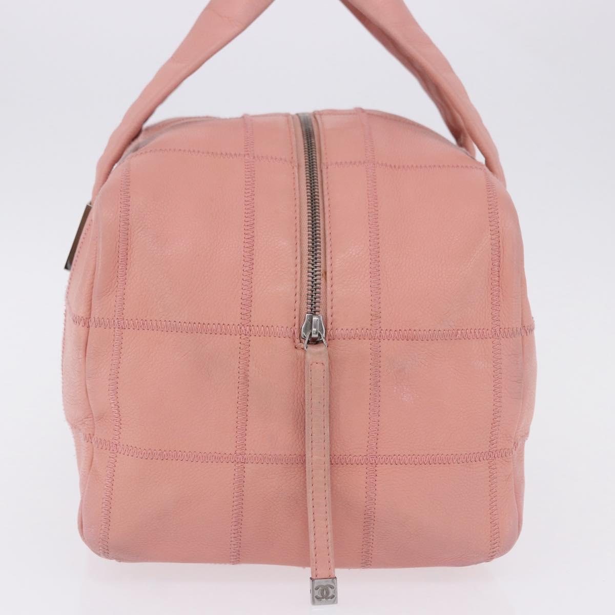 CHANEL Choco Bar Line Mini Boston Bag Leather Pink Silver CC Auth 197897A