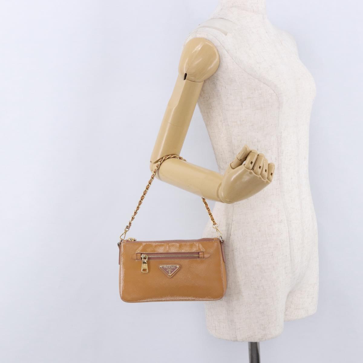 PRADA Chain Hand Pouch Patent Leather Pink Gold Auth 197902V