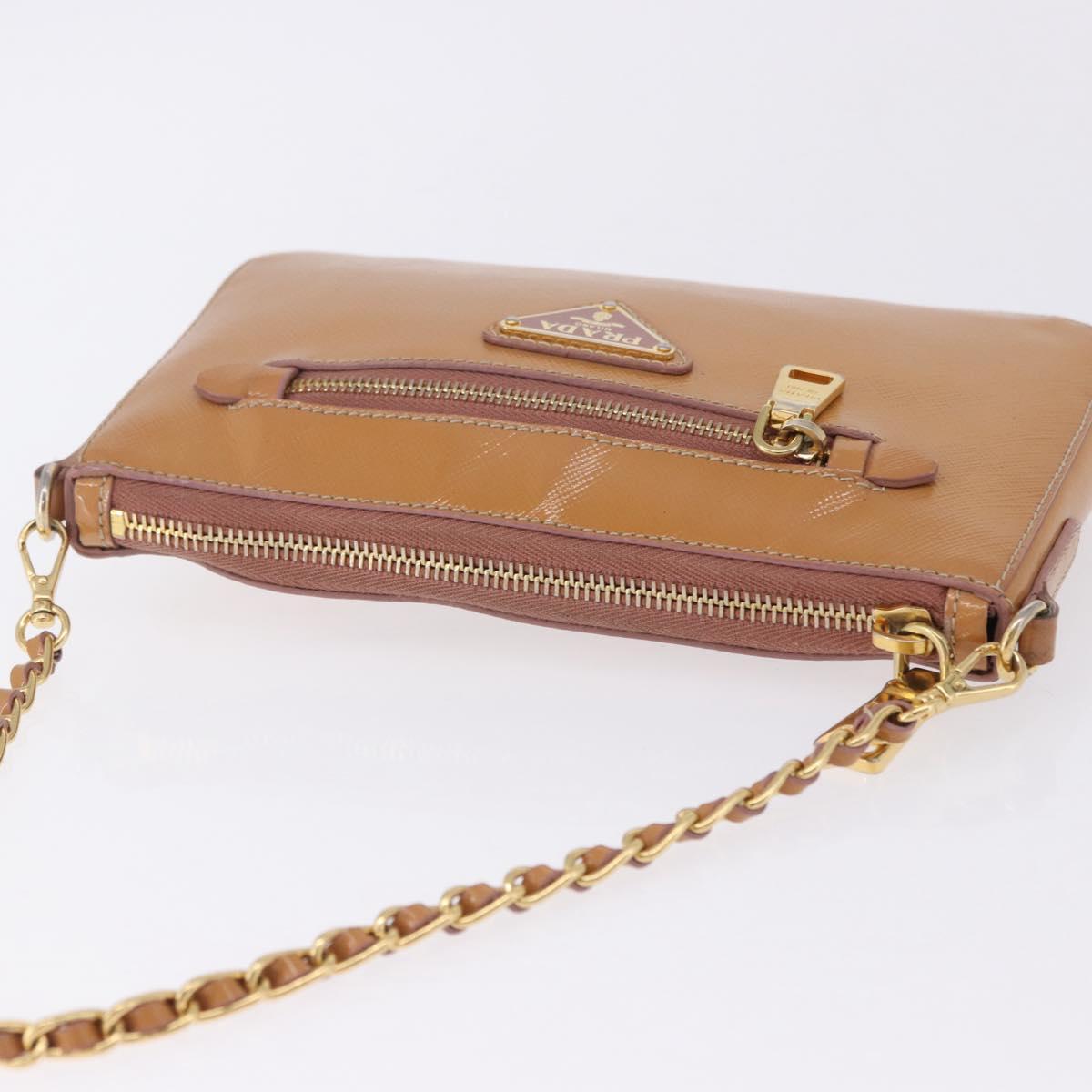 PRADA Chain Hand Pouch Patent Leather Pink Gold Auth 197902V
