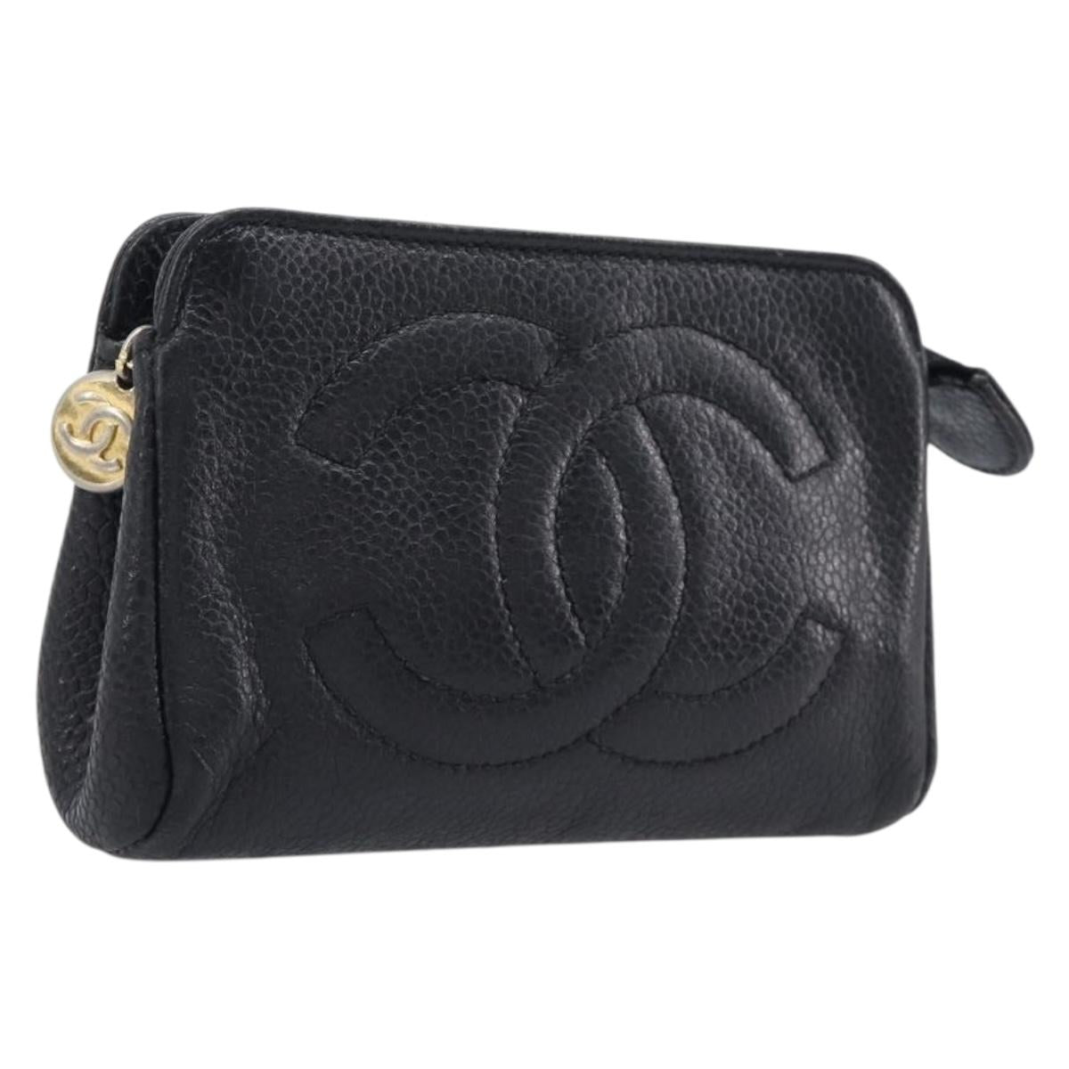 CHANEL COCO Mark Pouch Caviar Skin Black Gold CC Auth 197937