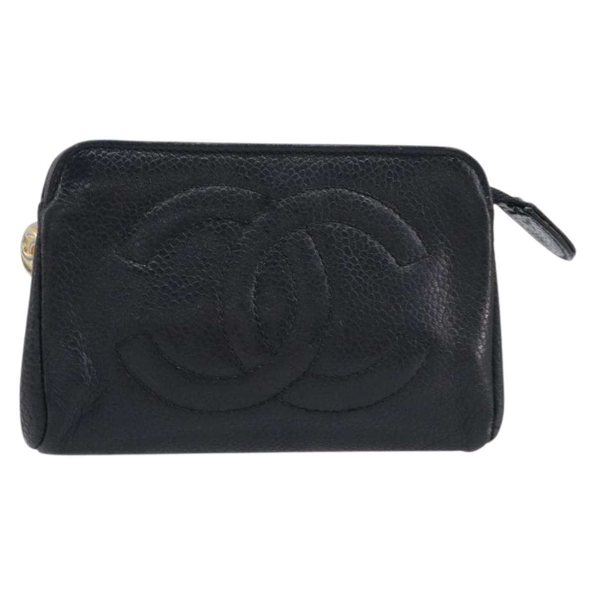 CHANEL COCO Mark Pouch Caviar Skin Black Gold CC Auth 197937