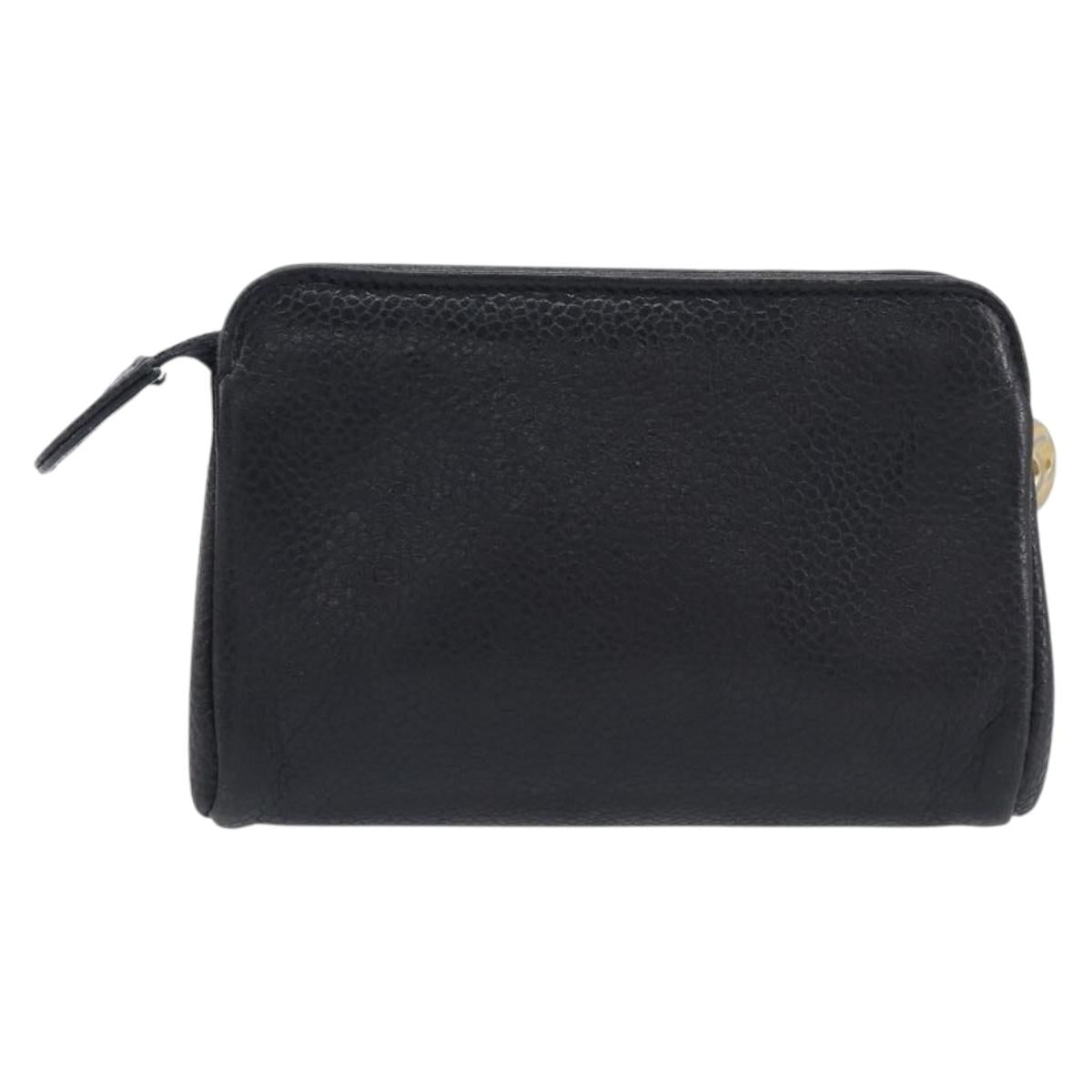 CHANEL COCO Mark Pouch Caviar Skin Black Gold CC Auth 197937