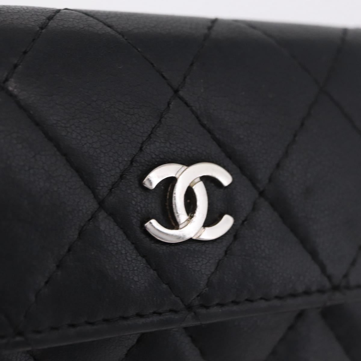 CHANEL Matelasse Card Case Lamb Skin Black Silver CC Auth 197949M