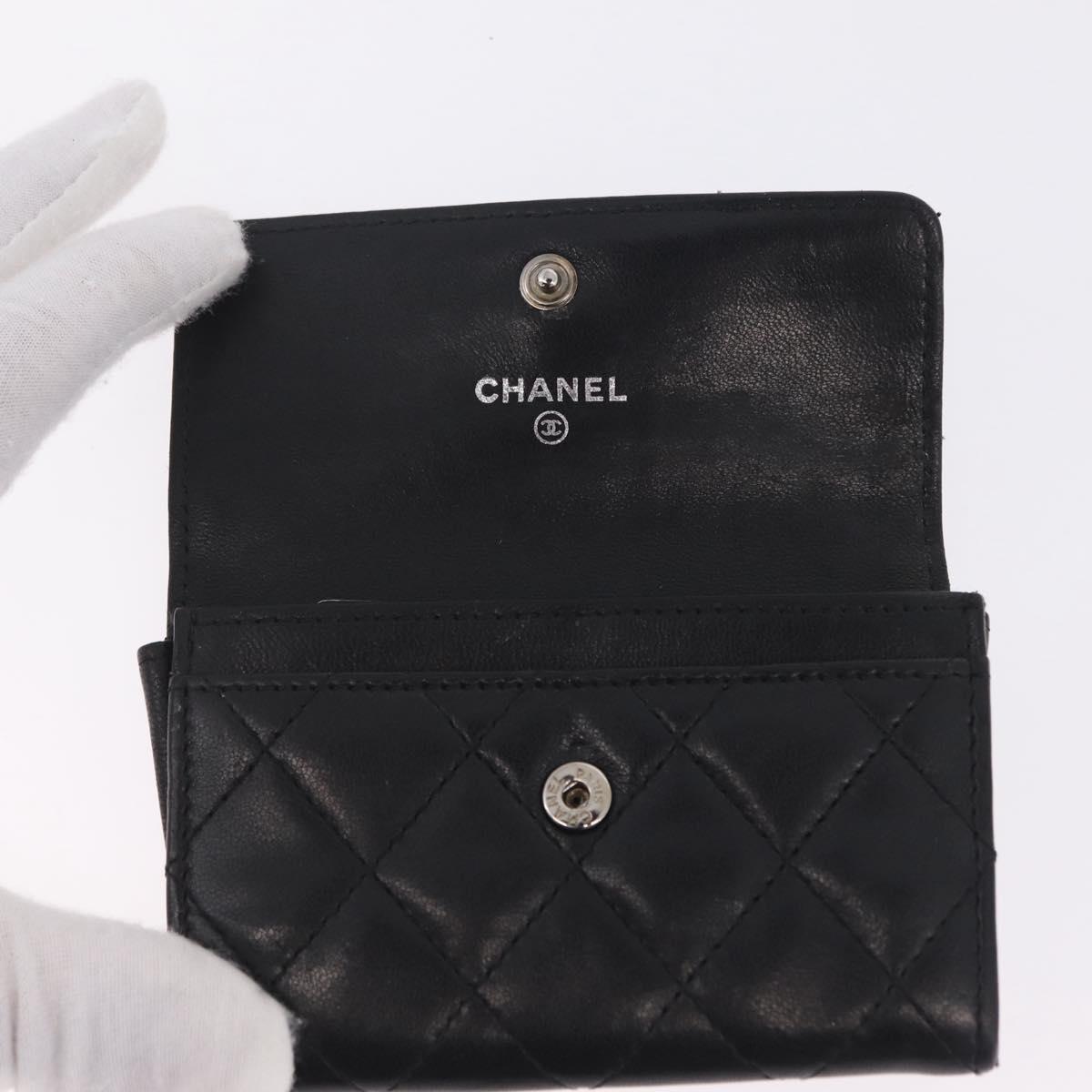 CHANEL Matelasse Card Case Lamb Skin Black Silver CC Auth 197949M