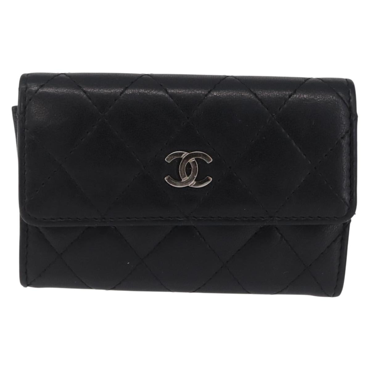 CHANEL Matelasse Card Case Lamb Skin Black Silver CC Auth 197949M