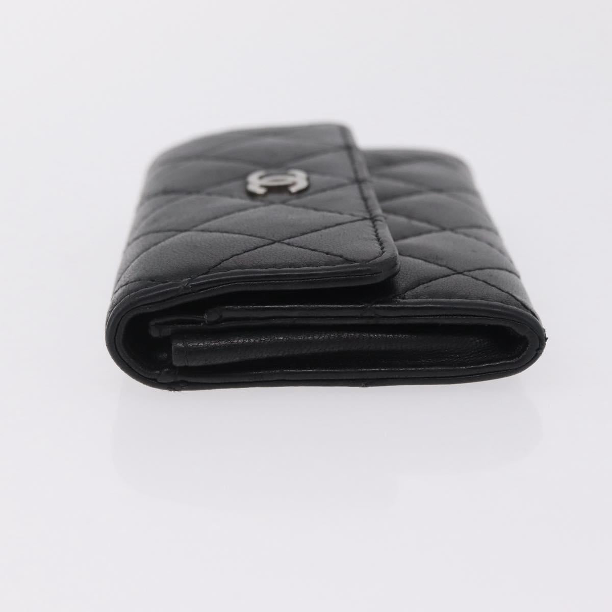 CHANEL Matelasse Card Case Lamb Skin Black Silver CC Auth 197949M