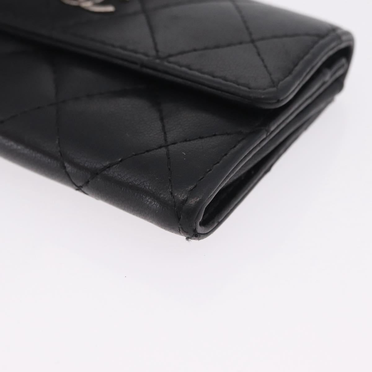 CHANEL Matelasse Card Case Lamb Skin Black Silver CC Auth 197949M