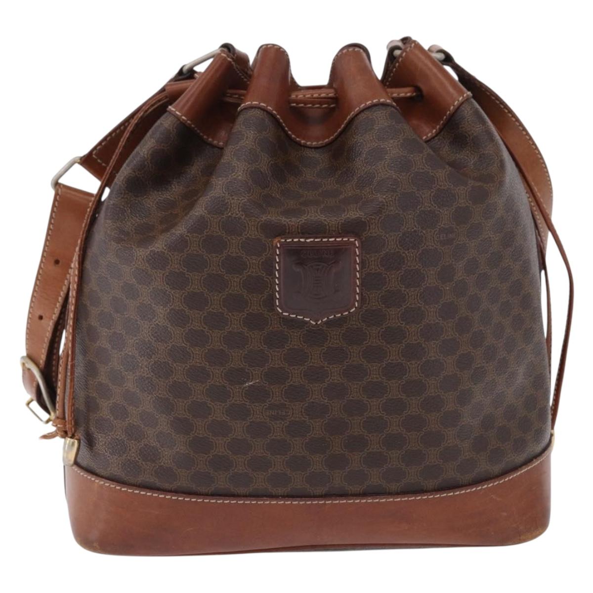 CELINE Macadam Canvas Shoulder Bag PVC Leather Brown Gold Auth 198250