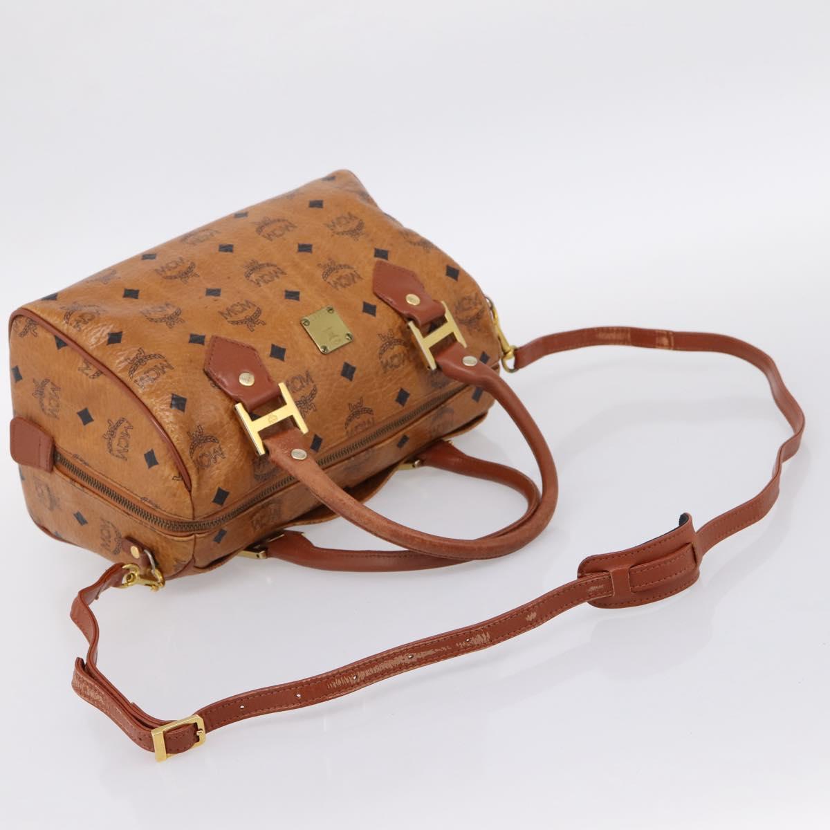 MCM Logogram Vicetos Boston Bag PVC Leather 2way Brown Gold Auth 198253