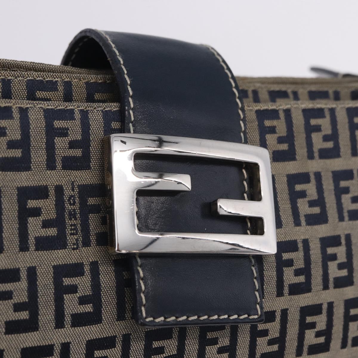 FENDI Zucchino Canvas Mamma Baguette Shoulder Bag Navy Silver Auth 198254V