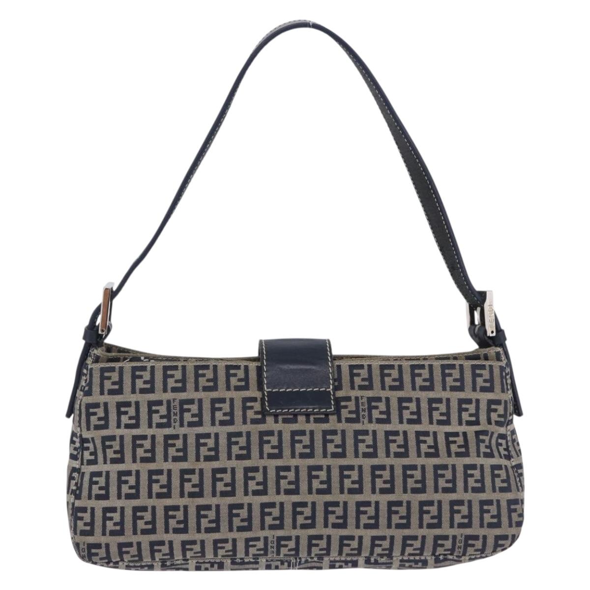 FENDI Zucchino Canvas Mamma Baguette Shoulder Bag Navy Silver Auth 198254V