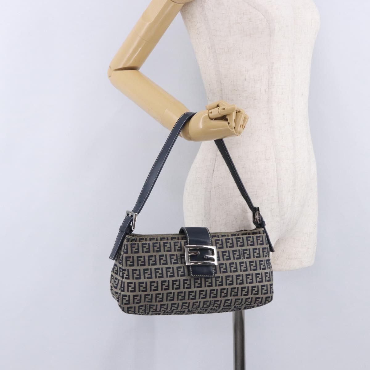 FENDI Zucchino Canvas Mamma Baguette Shoulder Bag Navy Silver Auth 198254V