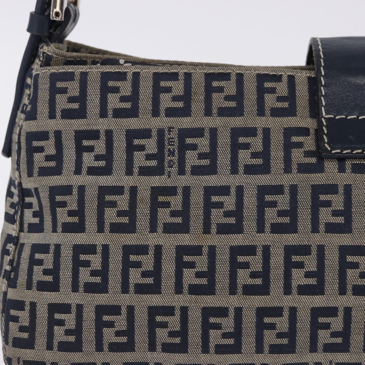 FENDI Zucchino Canvas Mamma Baguette Shoulder Bag Navy Silver Auth 198254V