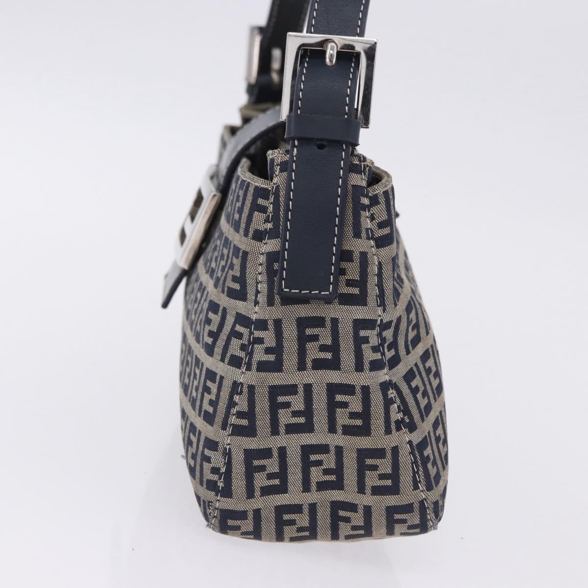 FENDI Zucchino Canvas Mamma Baguette Shoulder Bag Navy Silver Auth 198254V