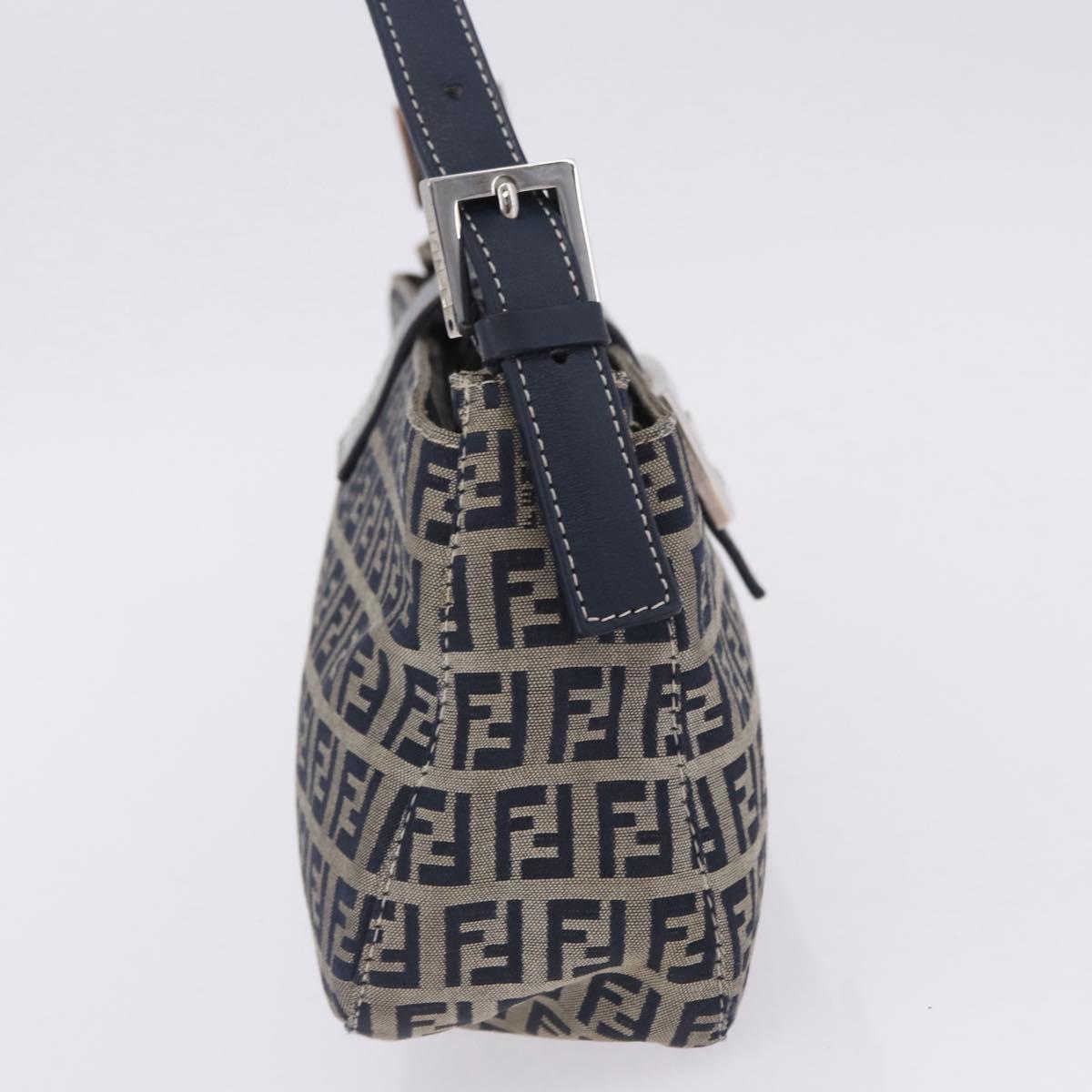 FENDI Zucchino Canvas Mamma Baguette Shoulder Bag Navy Silver Auth 198254V