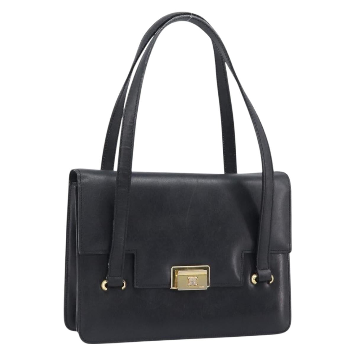 CELINE Hand Bag Leather Black Gold Auth 198264