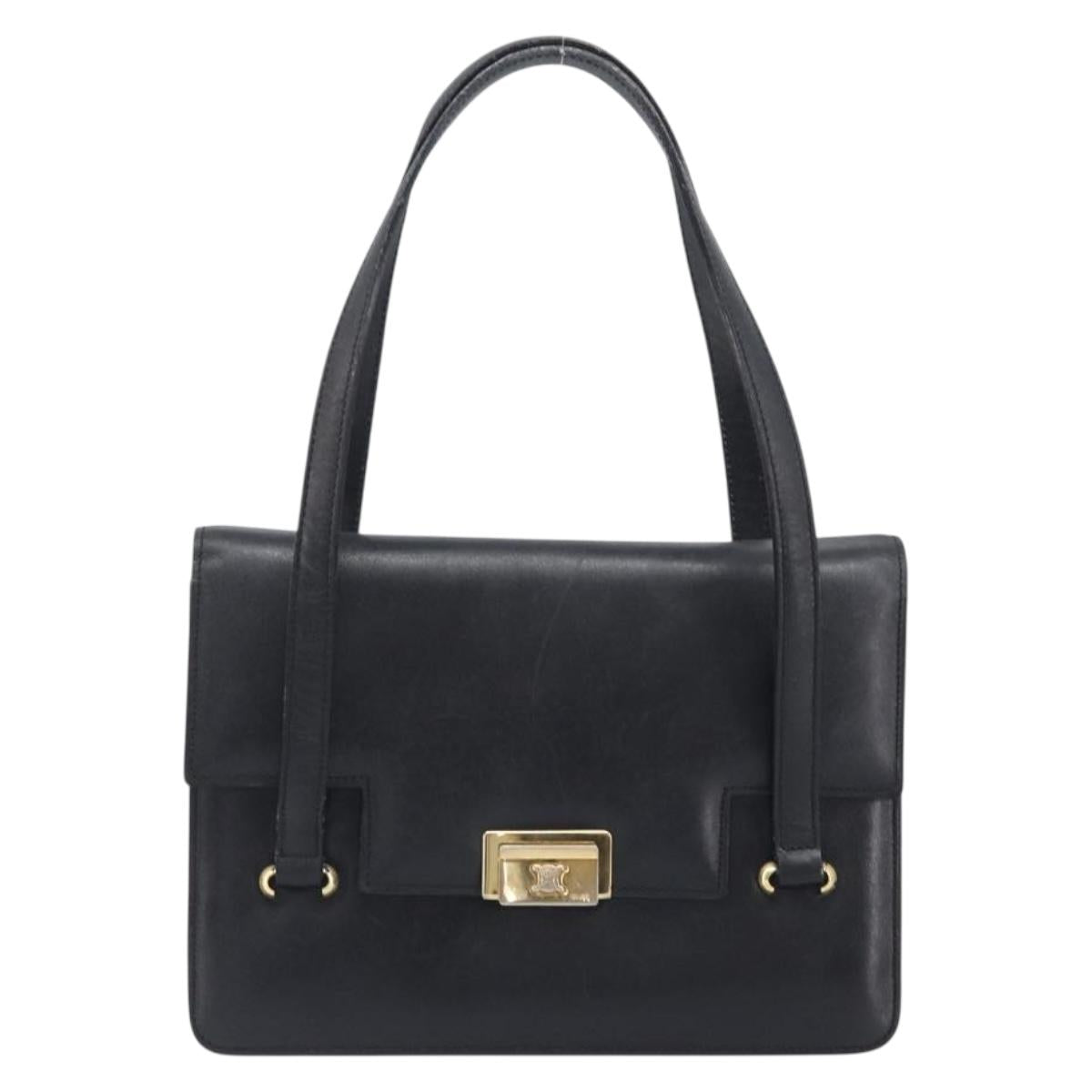 CELINE Hand Bag Leather Black Gold Auth 198264