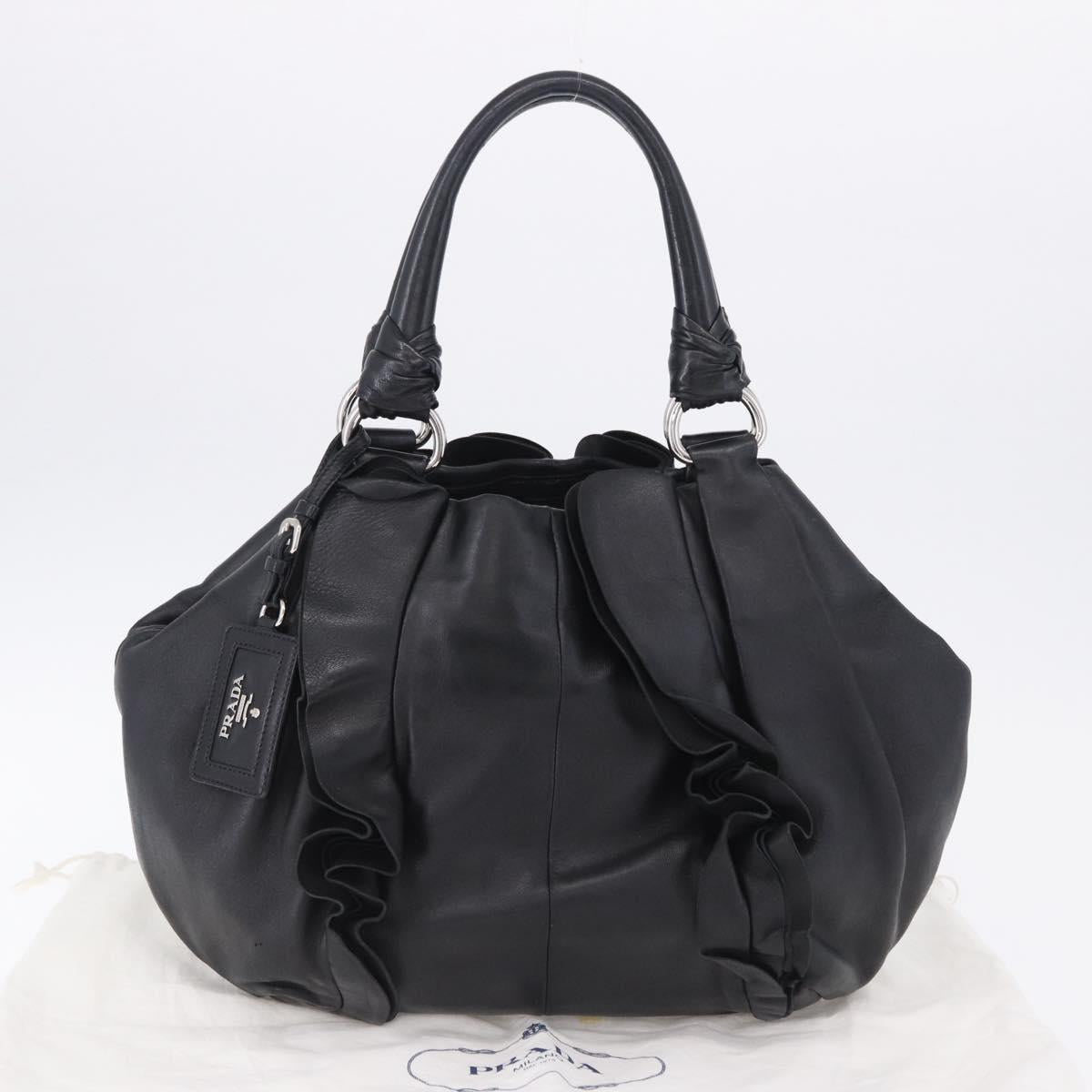 PRADA Hand Bag Leather Black Silver Auth 198268V