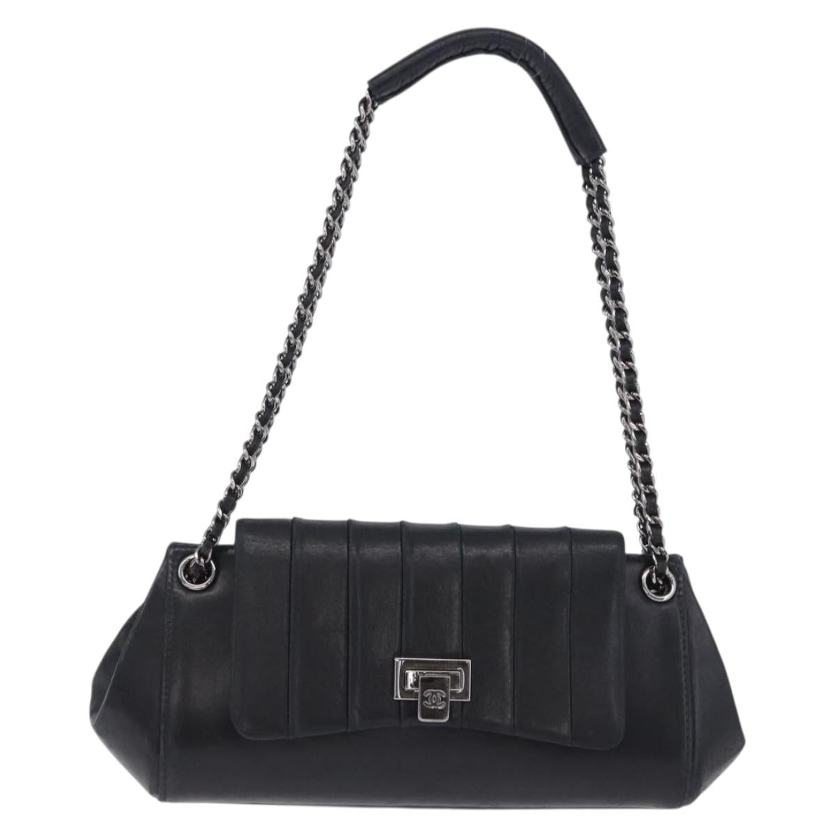 CHANEL Chain Matelasse Shoulder Bag Lamb Skin Black Silver CC Auth 198287V