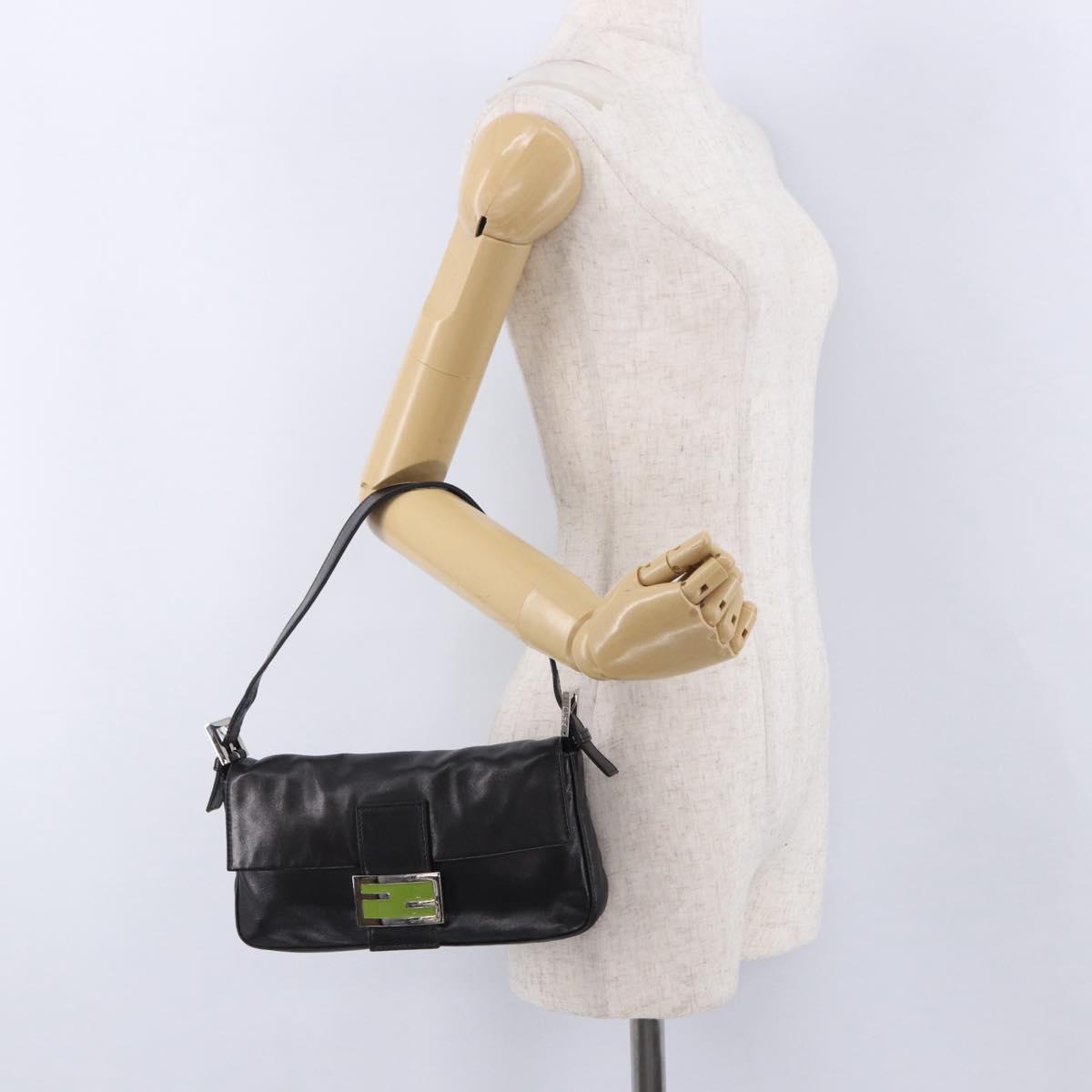 FENDI Mamma Baguette Shoulder Bag Leather Black Silver Auth 198301SAM