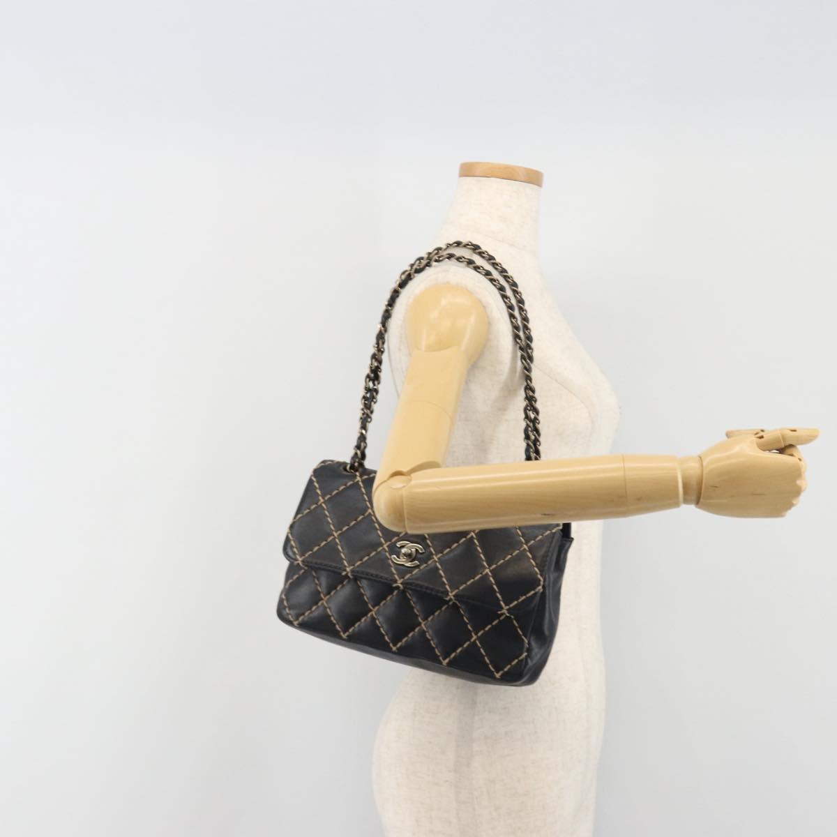 CHANEL Wild Stitch Chain Shoulder Bag Leather Black Gold CC Auth 198302V