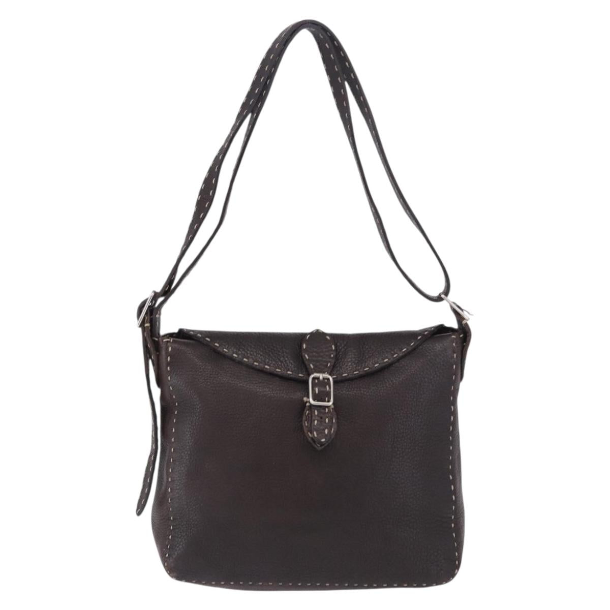FENDI Celeria Shoulder Bag Leather Brown Silver Auth 198325