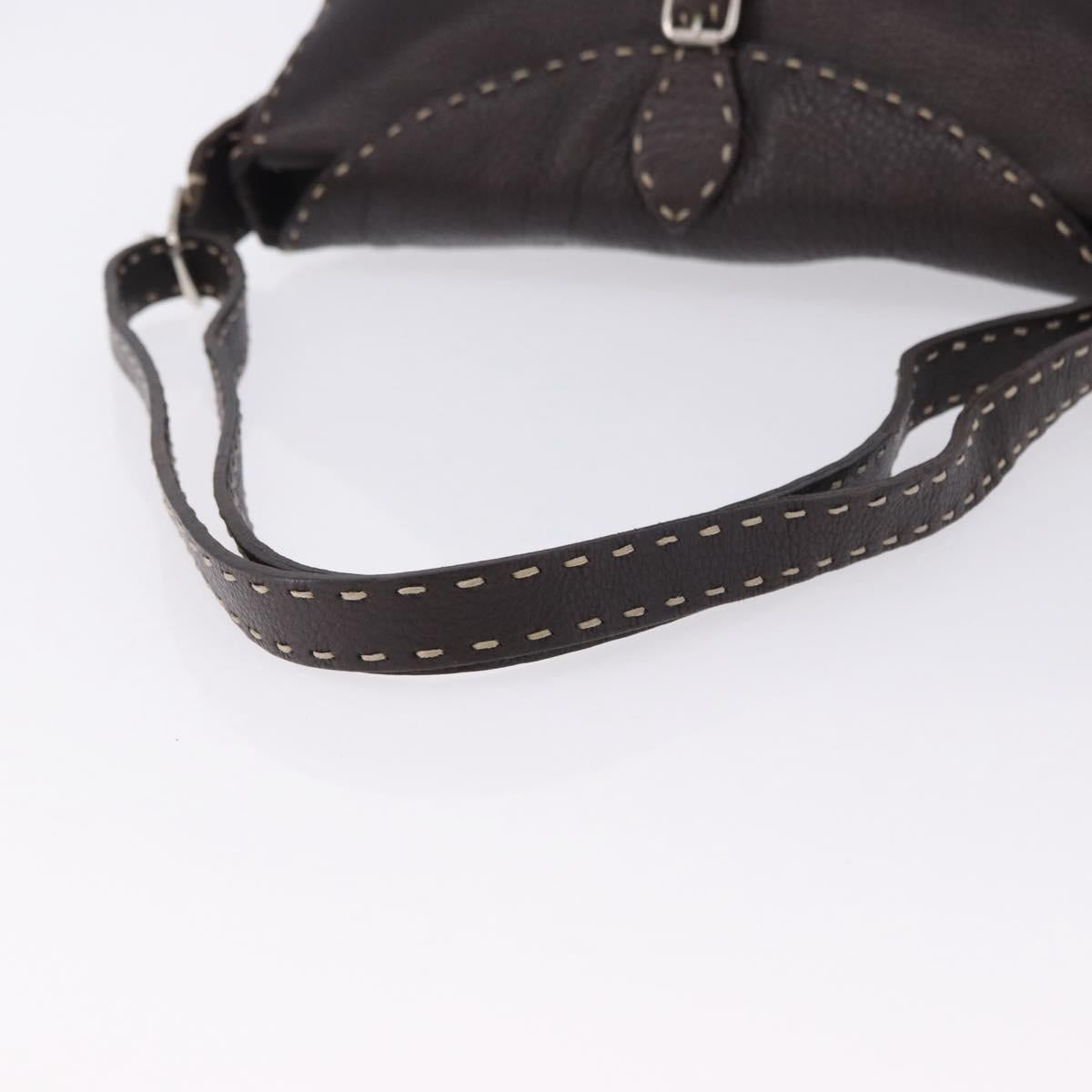 FENDI Celeria Shoulder Bag Leather Brown Silver Auth 198325