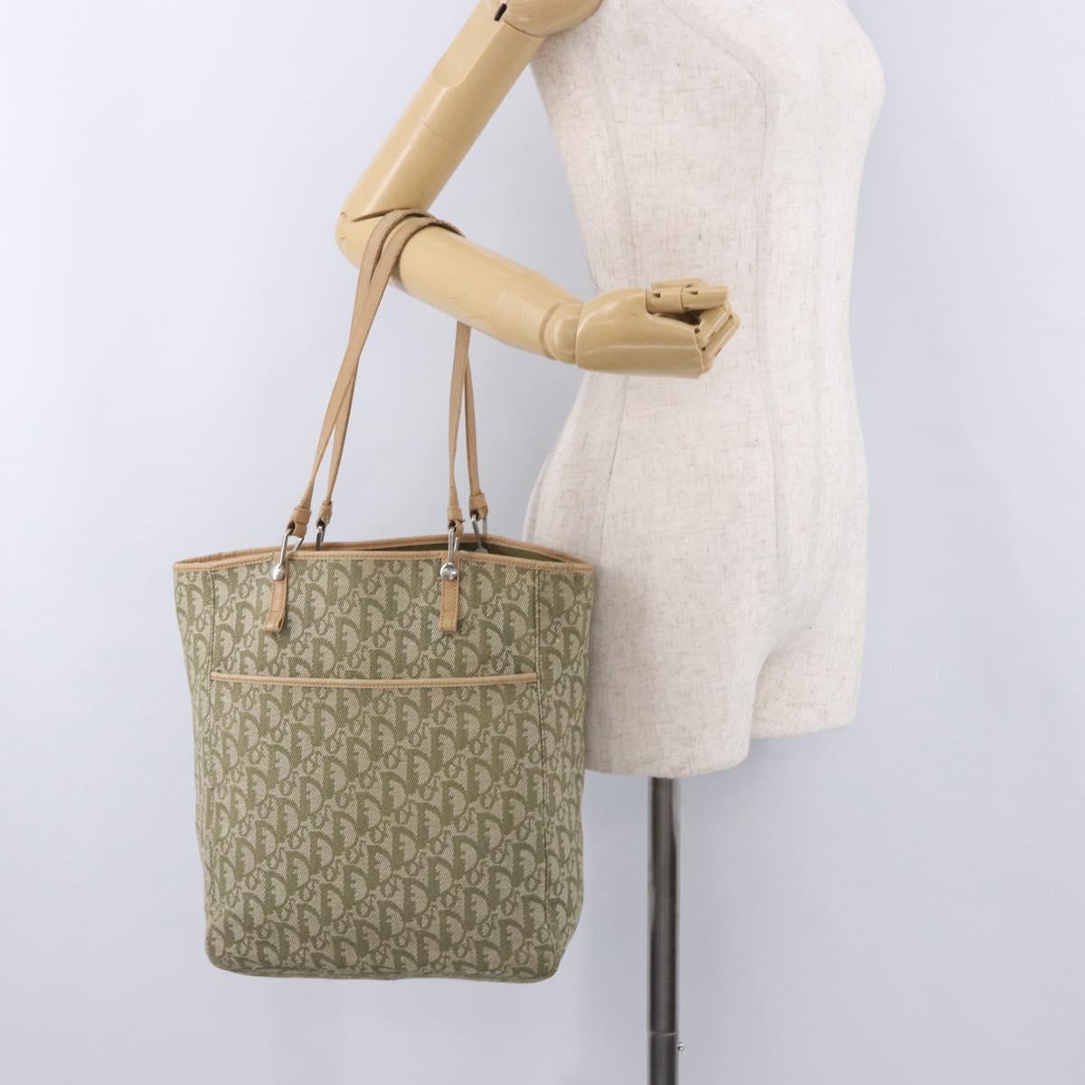 Christian Dior Trotter Canvas Tote Bag Green Silver Auth 198332