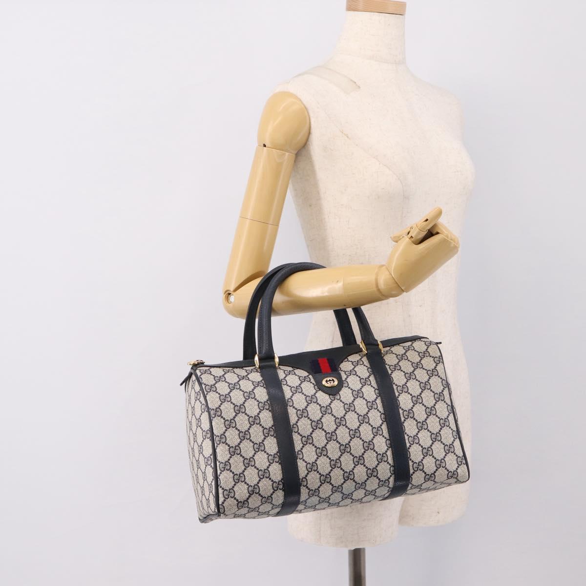 GUCCI GG Supreme Sherry Line Boston Bag PVC Navy Gold 40 02 007 Auth 198342