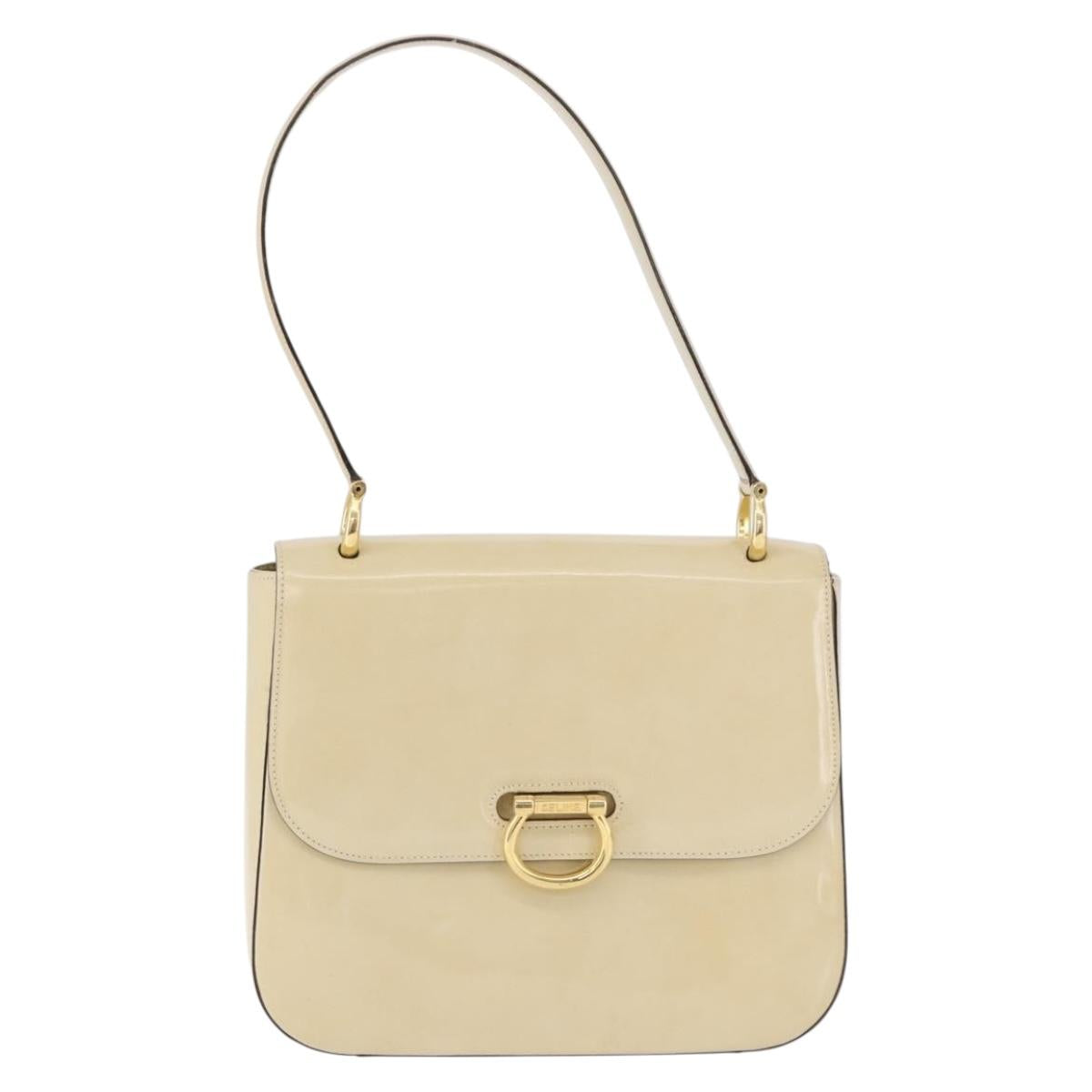 CELINE Shoulder Bag Patent Beige Gold Tone Auth 198345A