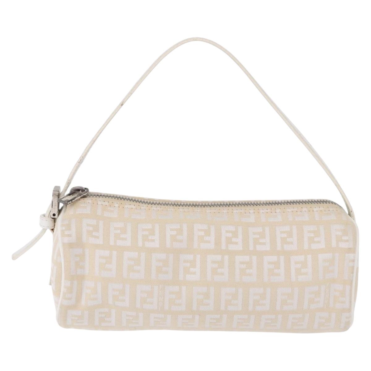 FENDI Zucchino Canvas Accessory Pouch Ivory Silver Auth 198349A