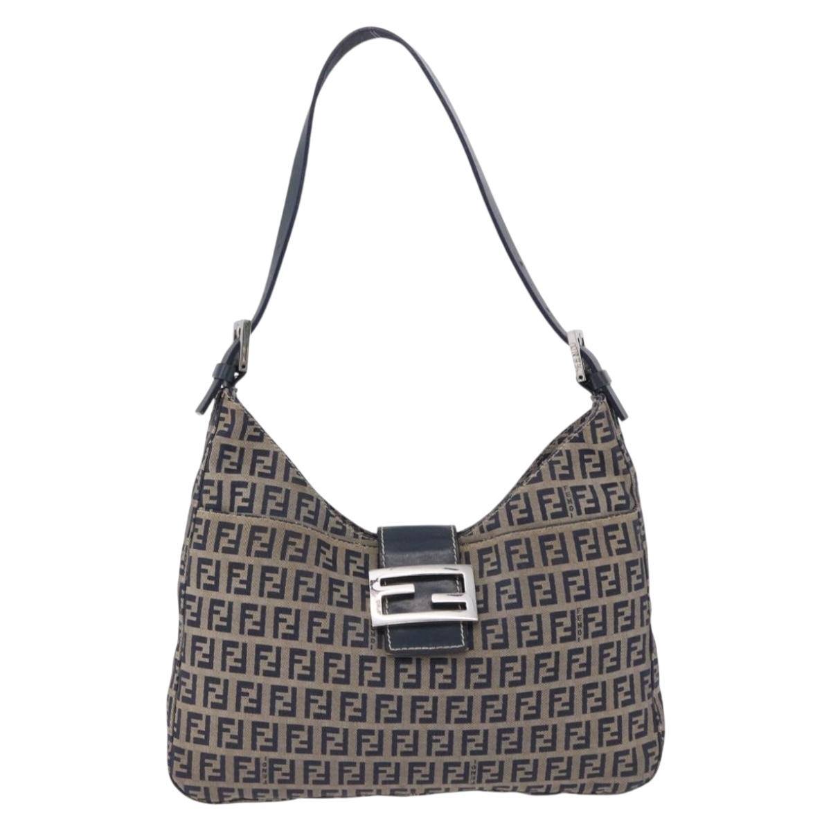 FENDI Zucchino Canvas Mamma Baguette Shoulder Bag Navy Silver Auth 198353V