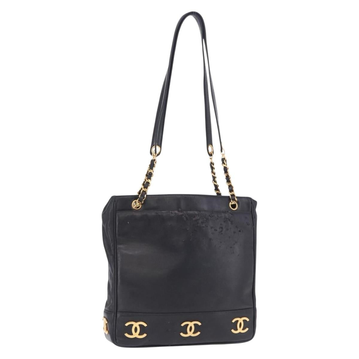 CHANEL Triple Coco Chain Shoulder Tote Bag Leather Black Gold CC Auth 198357