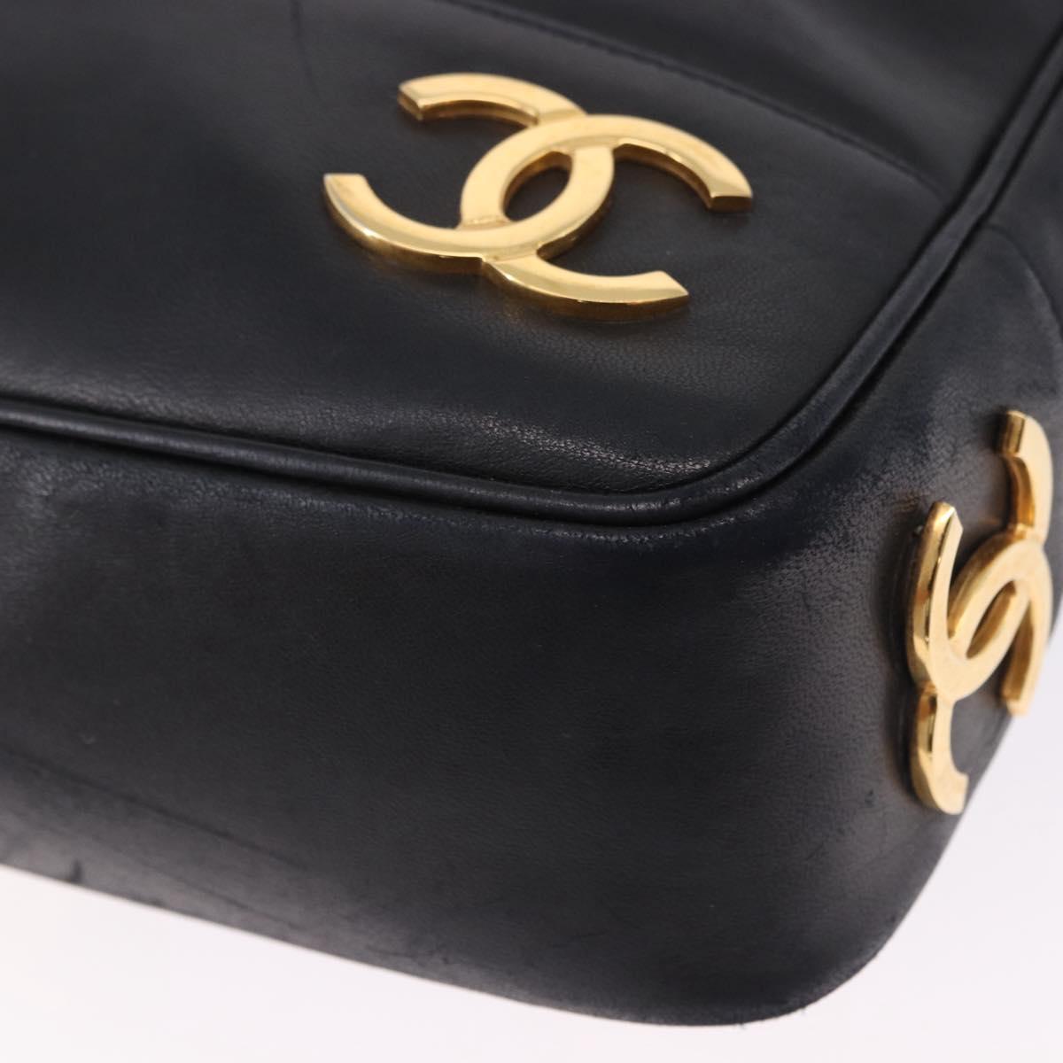 CHANEL Triple Coco Chain Shoulder Tote Bag Leather Black Gold CC Auth 198357