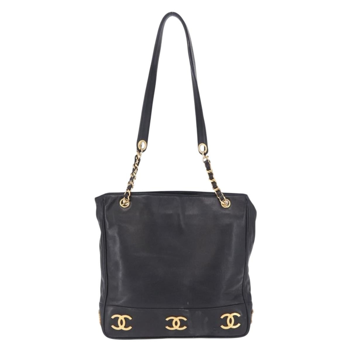 CHANEL Triple Coco Chain Shoulder Tote Bag Leather Black Gold CC Auth 198357