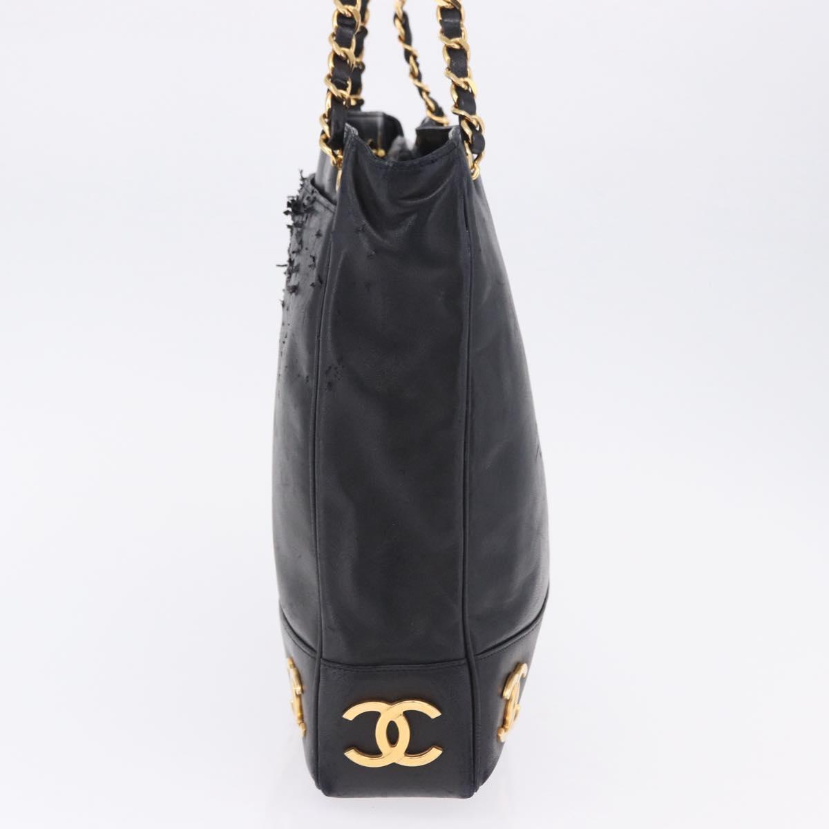 CHANEL Triple Coco Chain Shoulder Tote Bag Leather Black Gold CC Auth 198357